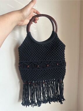 Vintage ALDO Black Macramé Fringe Handbag with Wooden Handles & Bead Details NEW